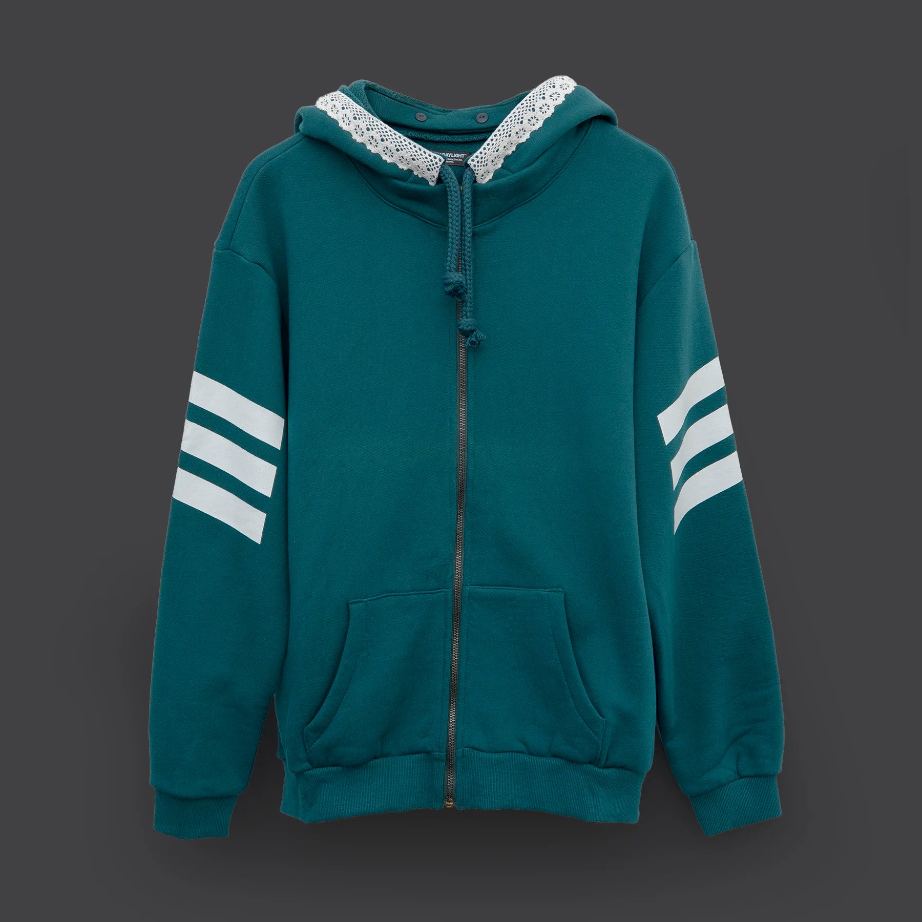 Teal hoodie with white stripes on sleeves and hood trim against a dark background