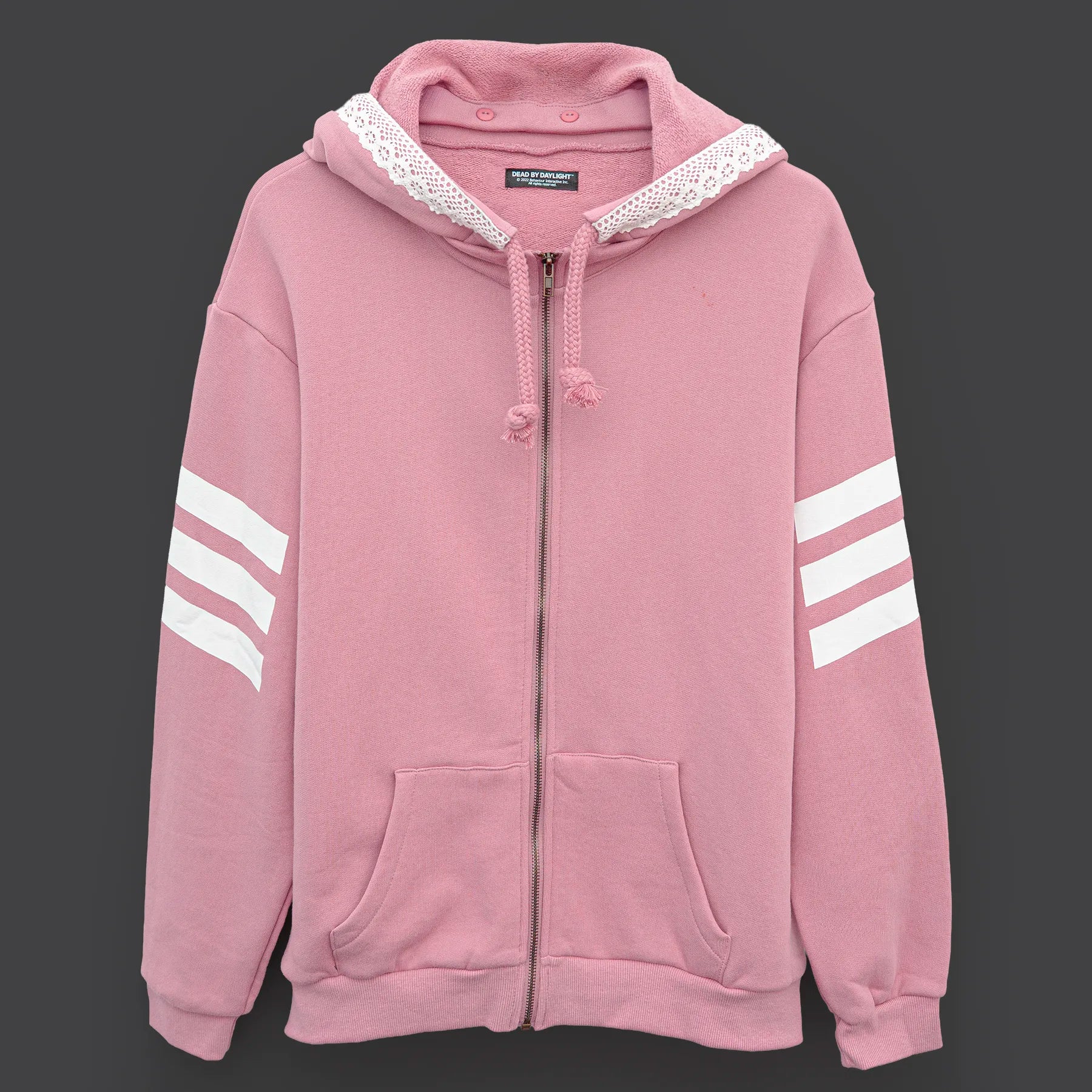 Pink hoodie with white stripes on a dark background
