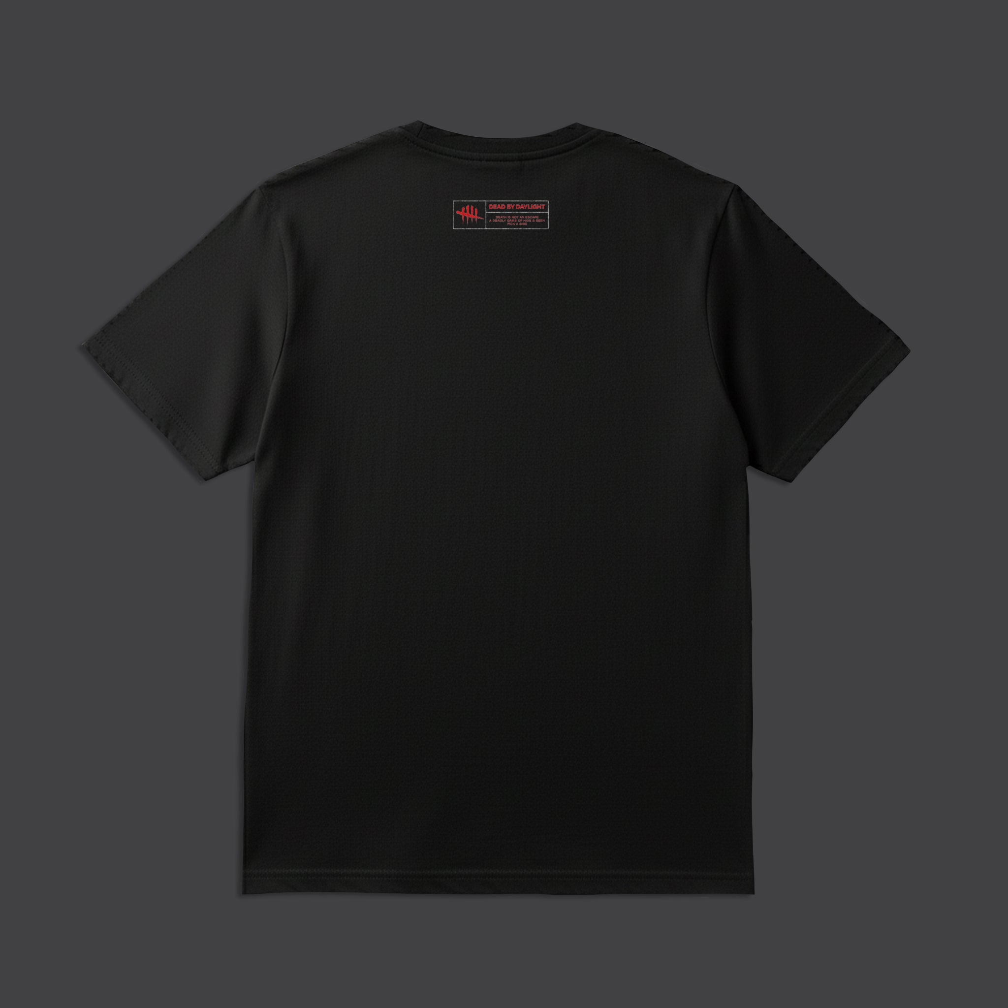 Black t-shirt with a small logo on the back against a dark background